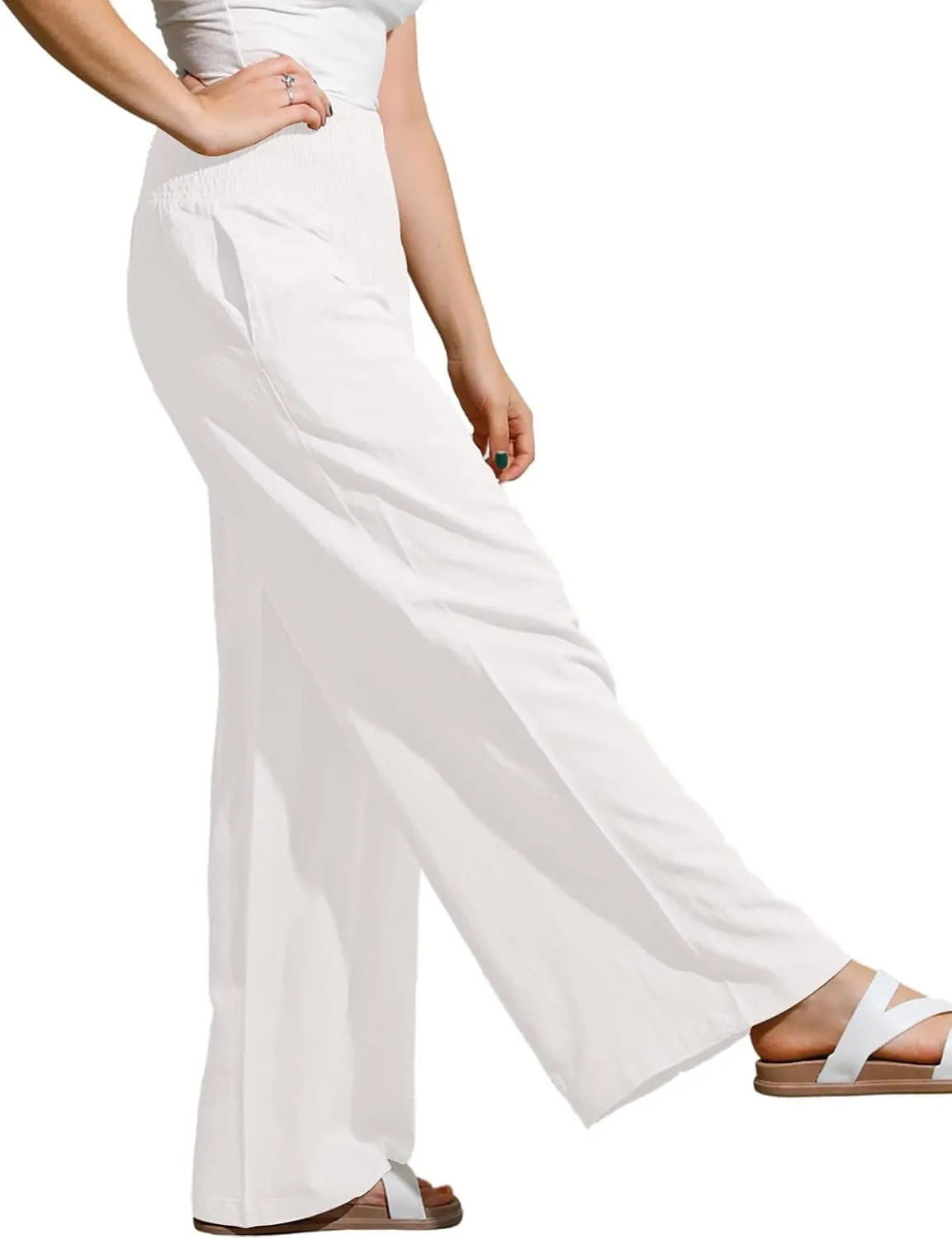 utcoco Womens Wide Leg Linen Palazzo Pants Casual Elastic Waisted Loose Fit Trousers