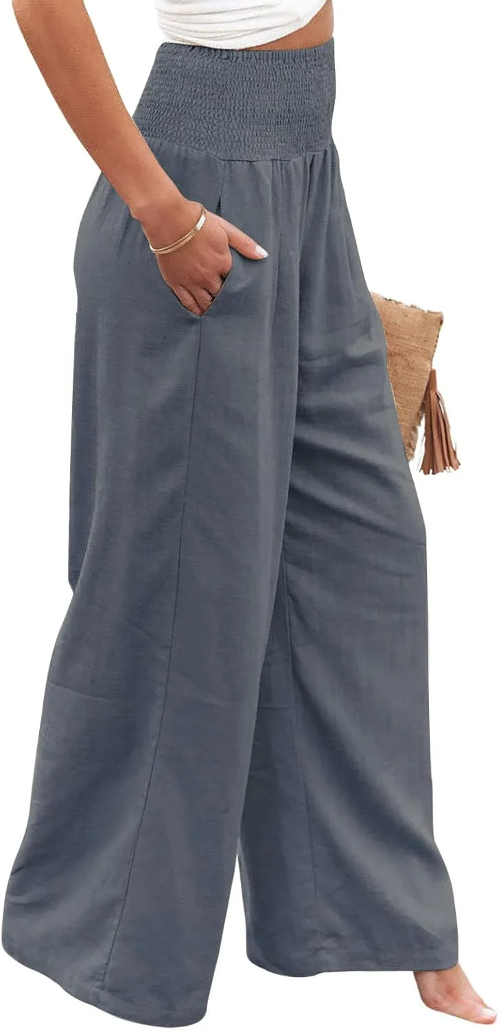utcoco Womens Wide Leg Linen Palazzo Pants Casual Elastic Waisted Loose Fit Trousers