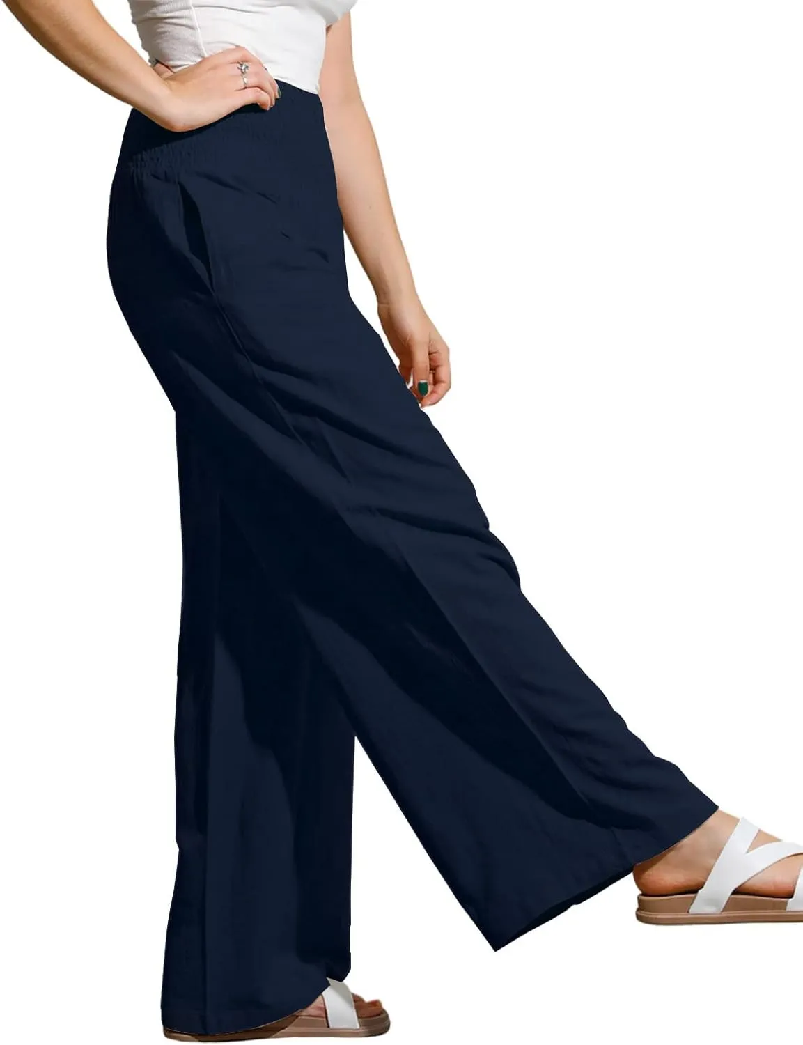 utcoco Womens Wide Leg Linen Palazzo Pants Casual Elastic Waisted Loose Fit Trousers