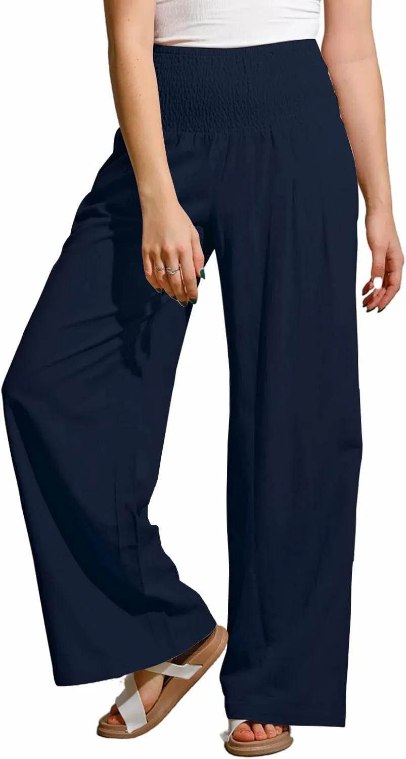 utcoco Womens Wide Leg Linen Palazzo Pants Casual Elastic Waisted Loose Fit Trousers
