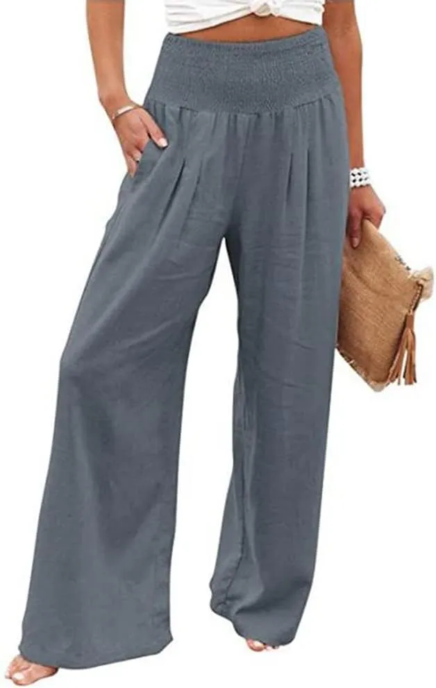 utcoco Womens Wide Leg Linen Palazzo Pants Casual Elastic Waisted Loose Fit Trousers