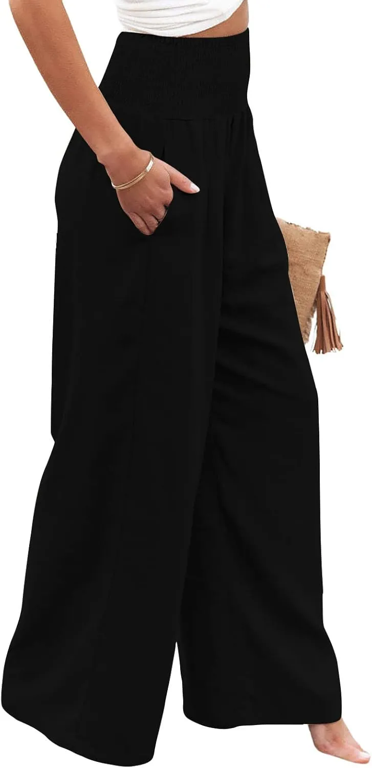 utcoco Womens Wide Leg Linen Palazzo Pants Casual Elastic Waisted Loose Fit Trousers