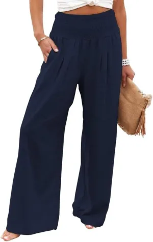 utcoco Womens Wide Leg Linen Palazzo Pants Casual Elastic Waisted Loose Fit Trousers