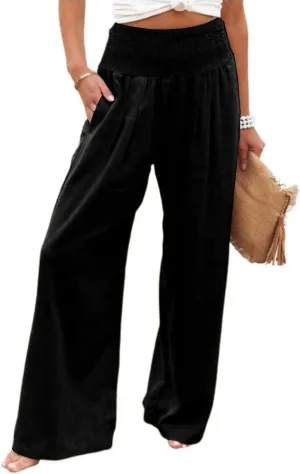utcoco Womens Wide Leg Linen Palazzo Pants Casual Elastic Waisted Loose Fit Trousers