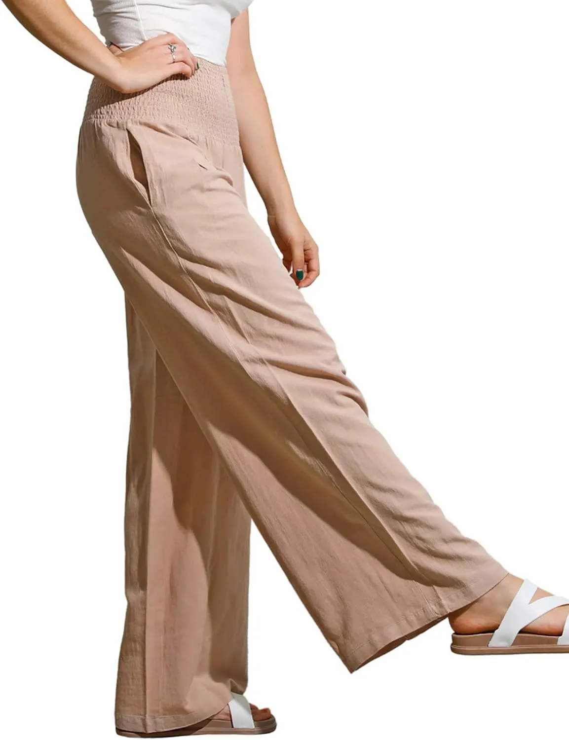utcoco Womens Wide Leg Linen Palazzo Pants Casual Elastic Waisted Loose Fit Trousers