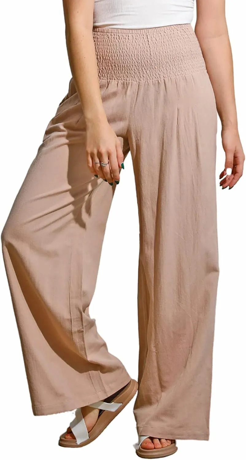 utcoco Womens Wide Leg Linen Palazzo Pants Casual Elastic Waisted Loose Fit Trousers