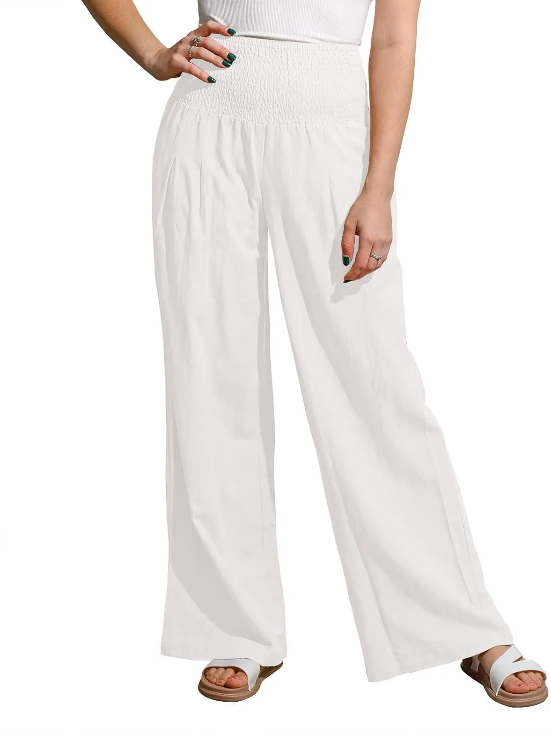 utcoco Womens Wide Leg Linen Palazzo Pants Casual Elastic Waisted Loose Fit Trousers