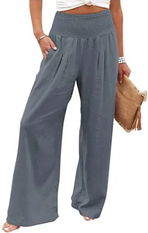 utcoco Womens Wide Leg Linen Palazzo Pants Casual Elastic Waisted Loose Fit Trousers
