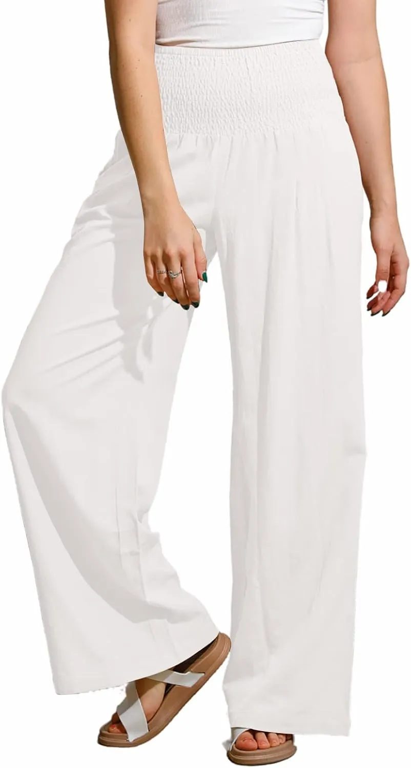 utcoco Womens Wide Leg Linen Palazzo Pants Casual Elastic Waisted Loose Fit Trousers