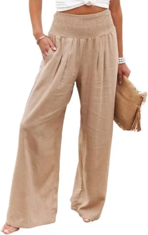 utcoco Womens Wide Leg Linen Palazzo Pants Casual Elastic Waisted Loose Fit Trousers