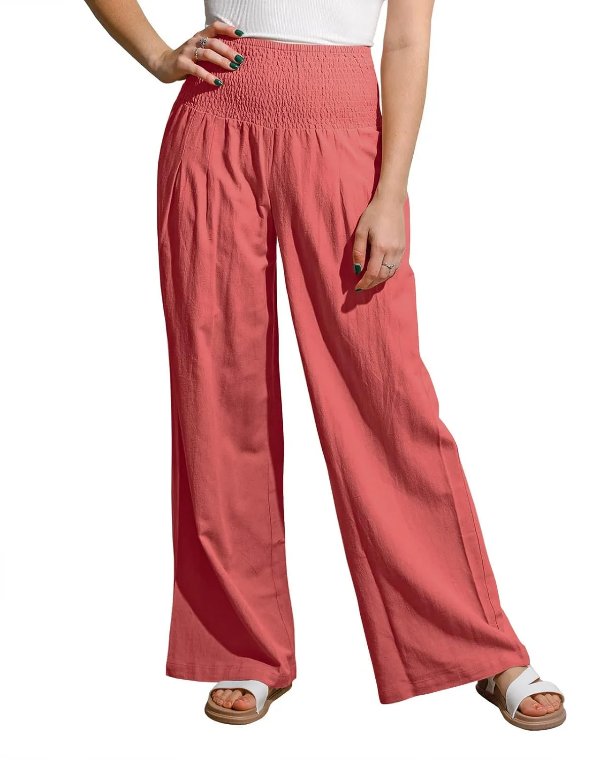 utcoco Womens Wide Leg Linen Palazzo Pants Casual Elastic Waisted Loose Fit Trousers