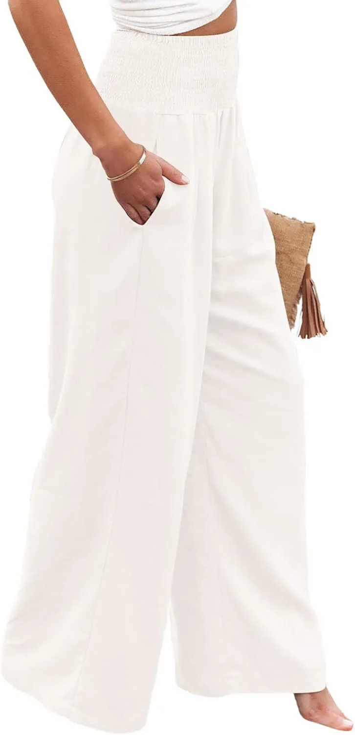 utcoco Womens Wide Leg Linen Palazzo Pants Casual Elastic Waisted Loose Fit Trousers
