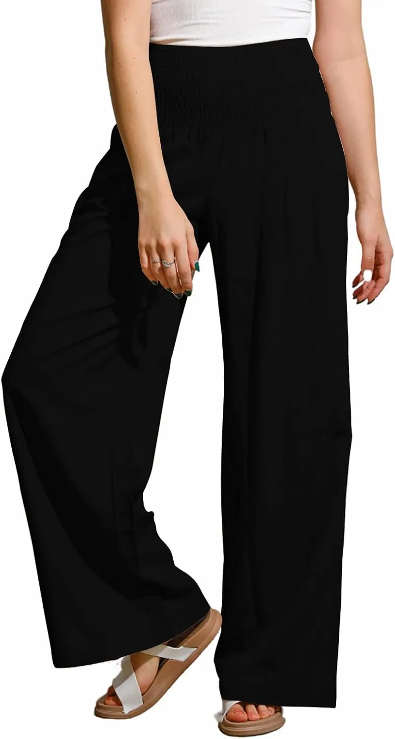 utcoco Womens Wide Leg Linen Palazzo Pants Casual Elastic Waisted Loose Fit Trousers
