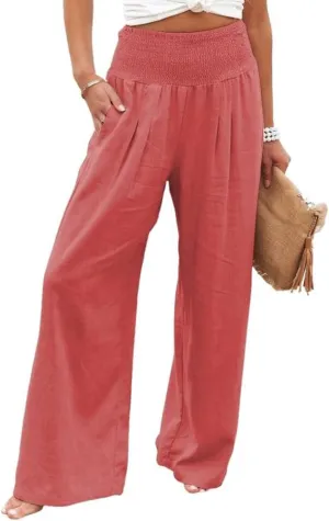 utcoco Womens Wide Leg Linen Palazzo Pants Casual Elastic Waisted Loose Fit Trousers