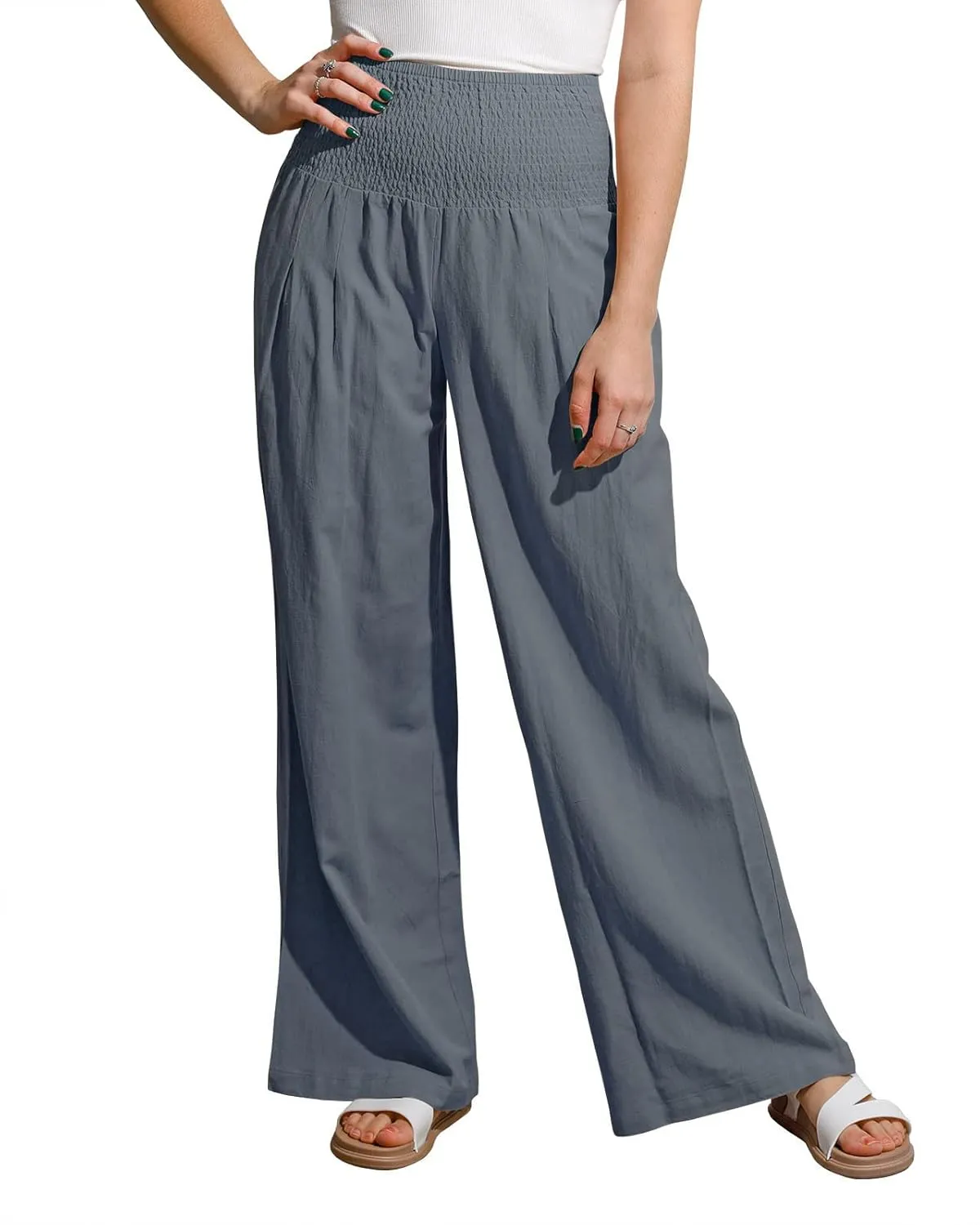 utcoco Womens Wide Leg Linen Palazzo Pants Casual Elastic Waisted Loose Fit Trousers