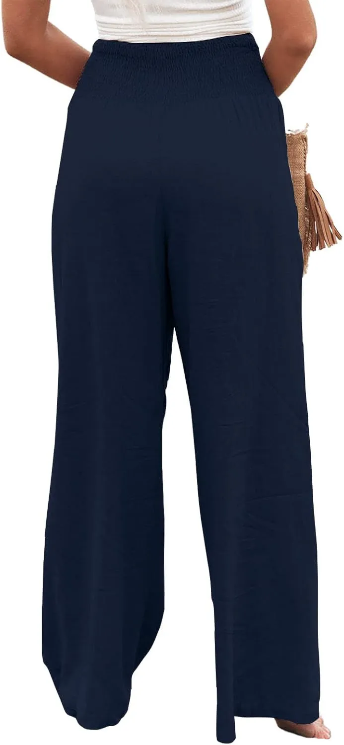 utcoco Womens Wide Leg Linen Palazzo Pants Casual Elastic Waisted Loose Fit Trousers