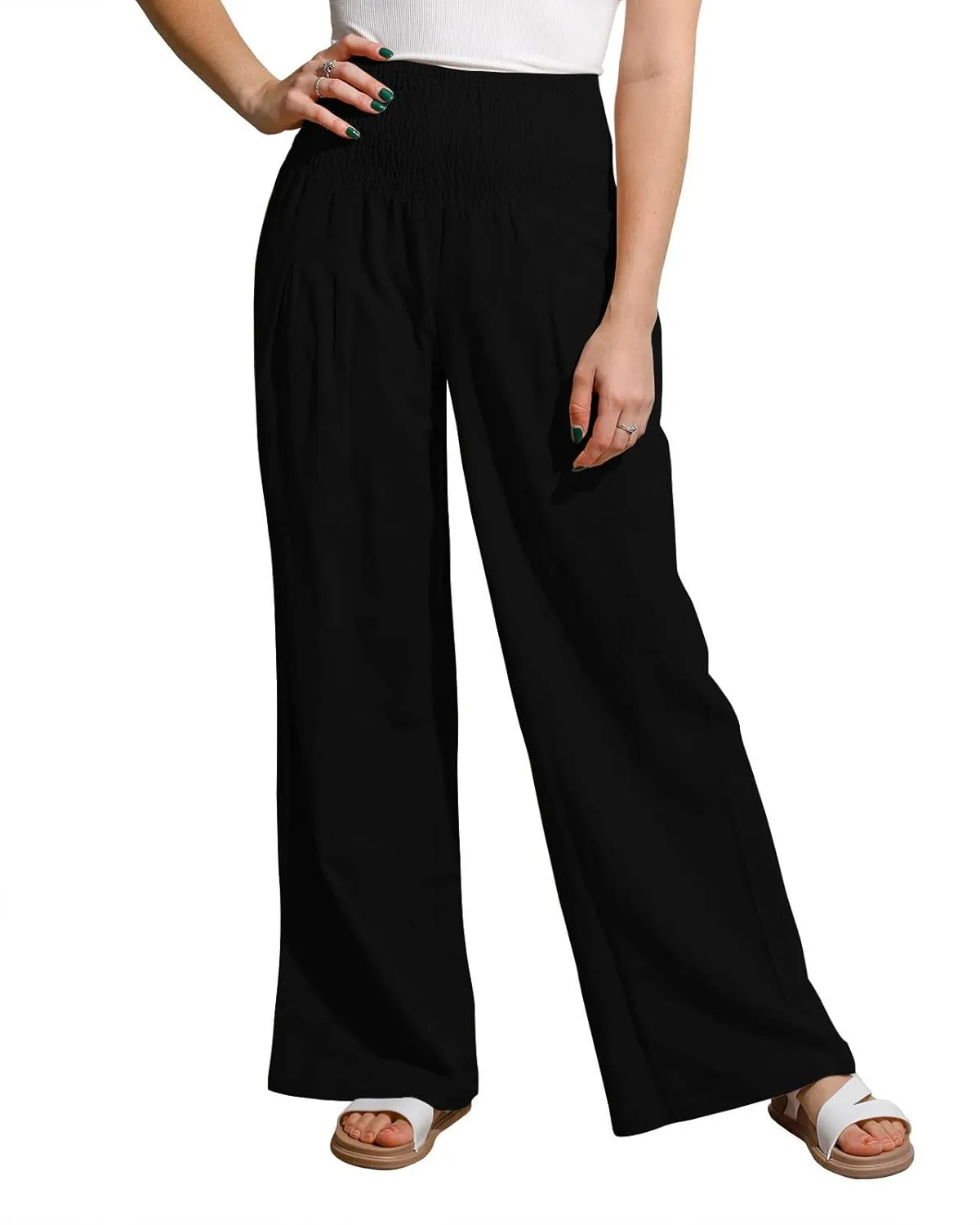 utcoco Womens Wide Leg Linen Palazzo Pants Casual Elastic Waisted Loose Fit Trousers