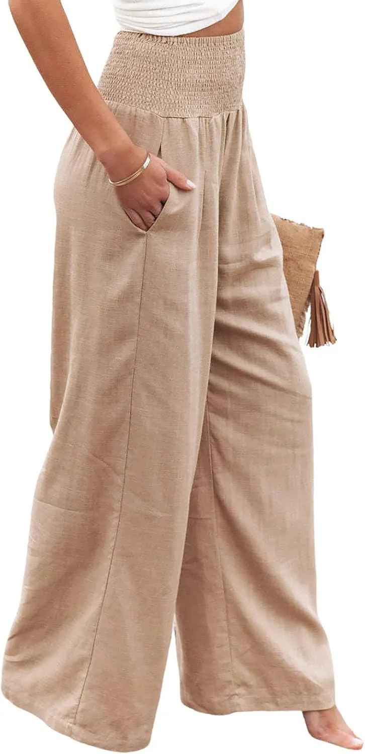 utcoco Womens Wide Leg Linen Palazzo Pants Casual Elastic Waisted Loose Fit Trousers