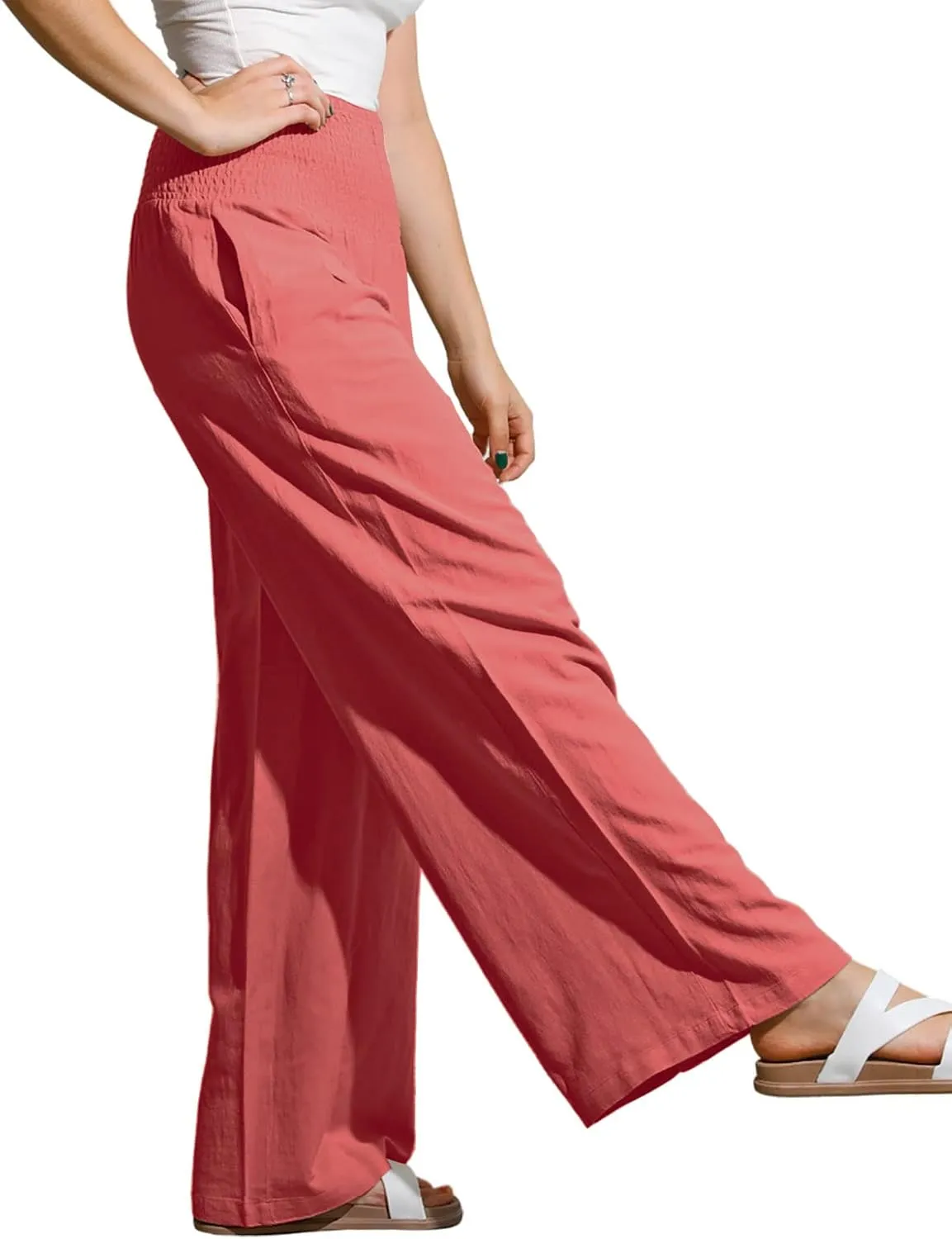 utcoco Womens Wide Leg Linen Palazzo Pants Casual Elastic Waisted Loose Fit Trousers