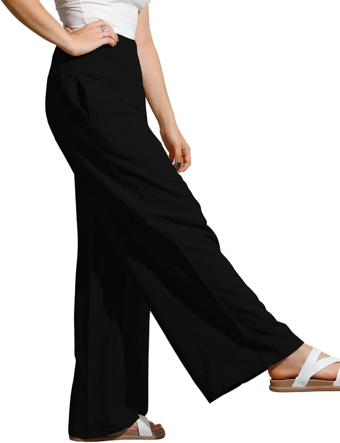utcoco Womens Wide Leg Linen Palazzo Pants Casual Elastic Waisted Loose Fit Trousers