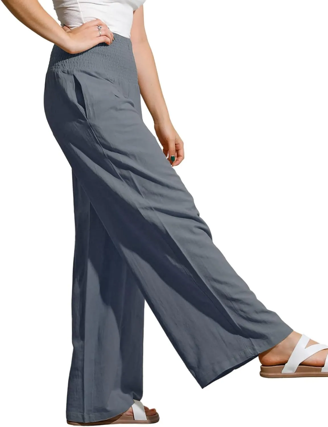 utcoco Womens Wide Leg Linen Palazzo Pants Casual Elastic Waisted Loose Fit Trousers