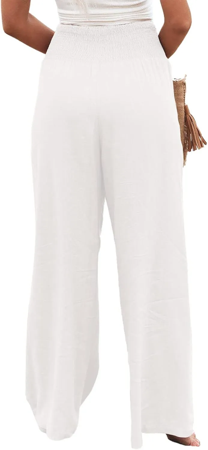 utcoco Womens Wide Leg Linen Palazzo Pants Casual Elastic Waisted Loose Fit Trousers
