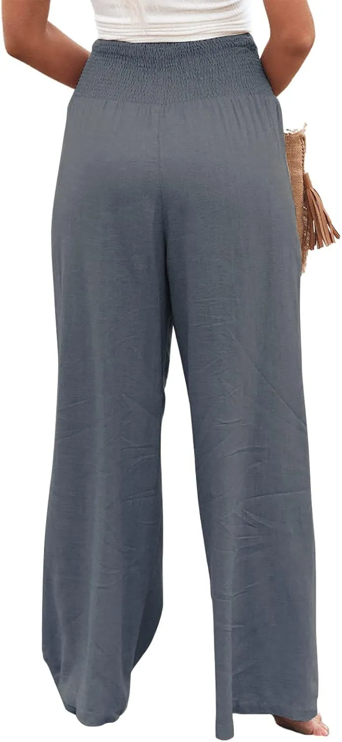 utcoco Womens Wide Leg Linen Palazzo Pants Casual Elastic Waisted Loose Fit Trousers