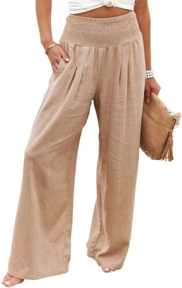 utcoco Womens Wide Leg Linen Palazzo Pants Casual Elastic Waisted Loose Fit Trousers