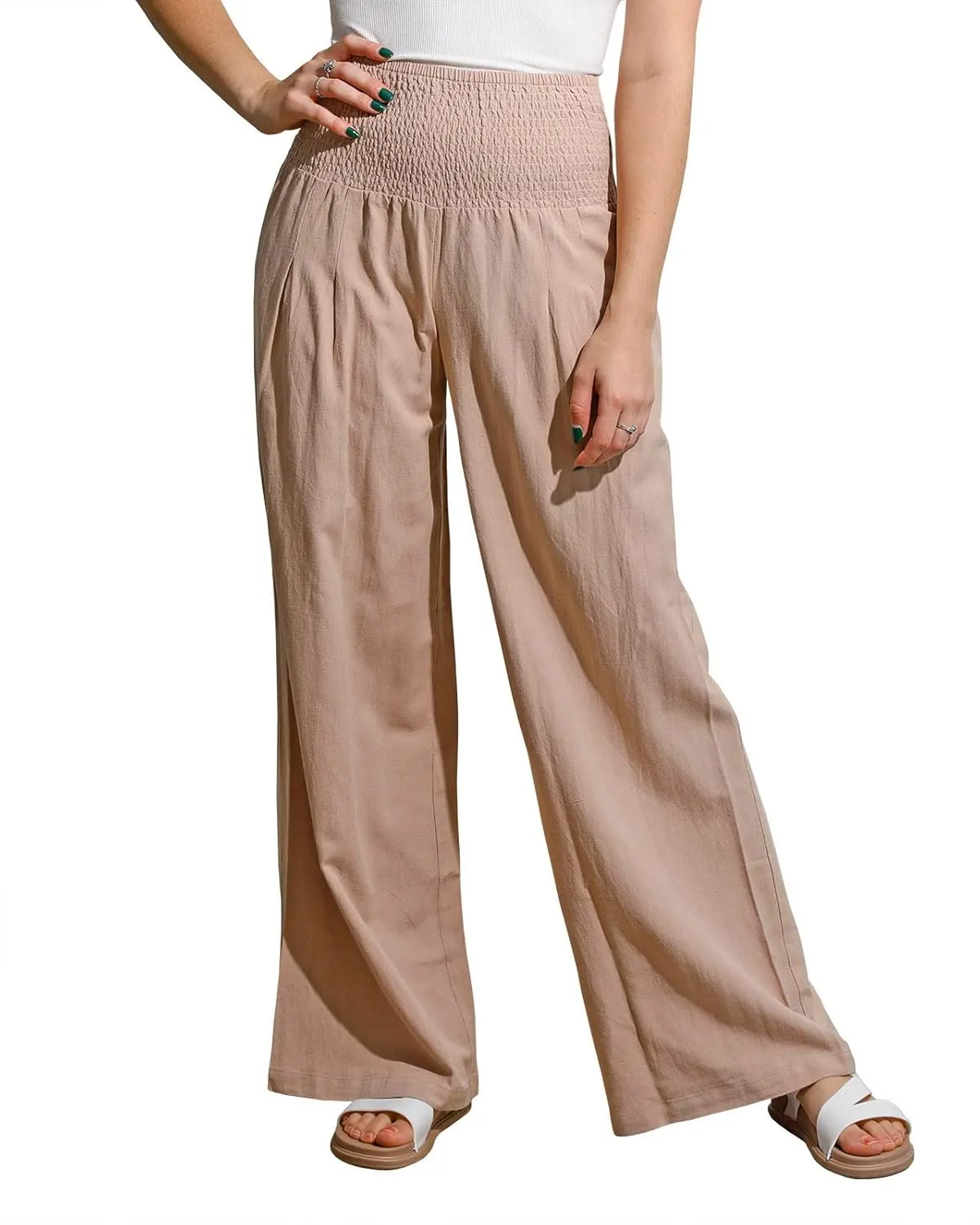 utcoco Womens Wide Leg Linen Palazzo Pants Casual Elastic Waisted Loose Fit Trousers