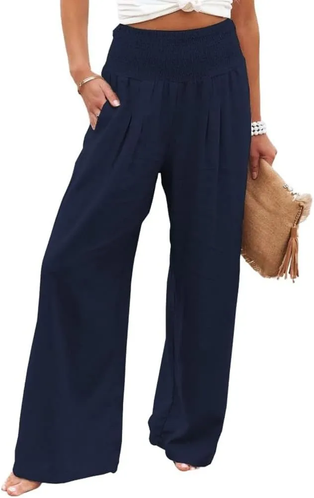 utcoco Womens Wide Leg Linen Palazzo Pants Casual Elastic Waisted Loose Fit Trousers