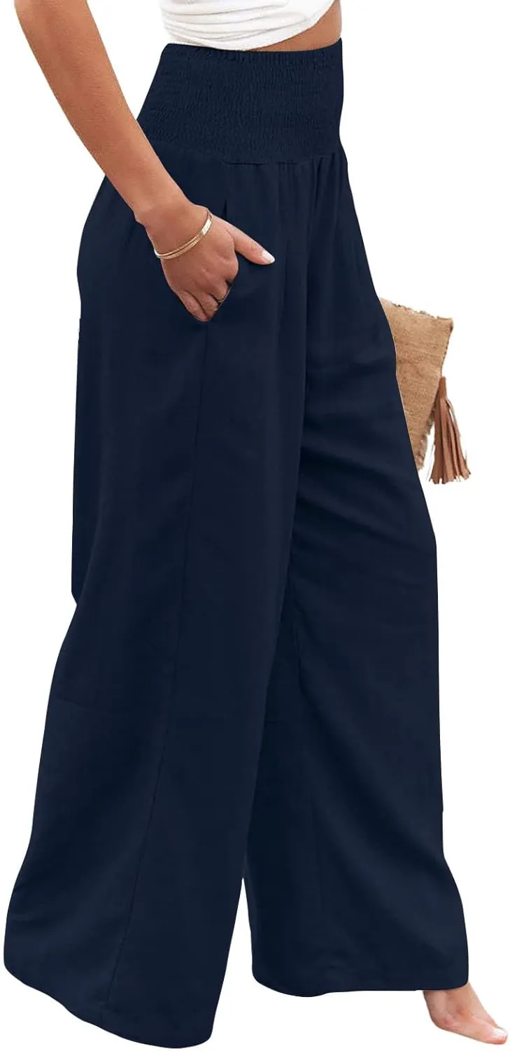 utcoco Womens Wide Leg Linen Palazzo Pants Casual Elastic Waisted Loose Fit Trousers