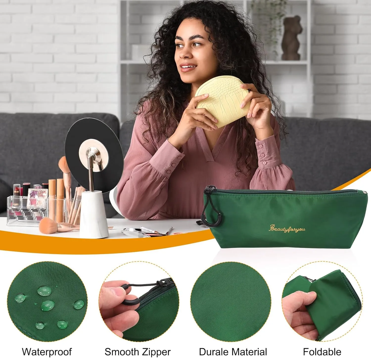 uxcell Makeup Brush Holder Bags, Small Travel Make Up Brush Cosmetics Pouch Pencil Organizer Bag for Home Office Travel Organization, Green
