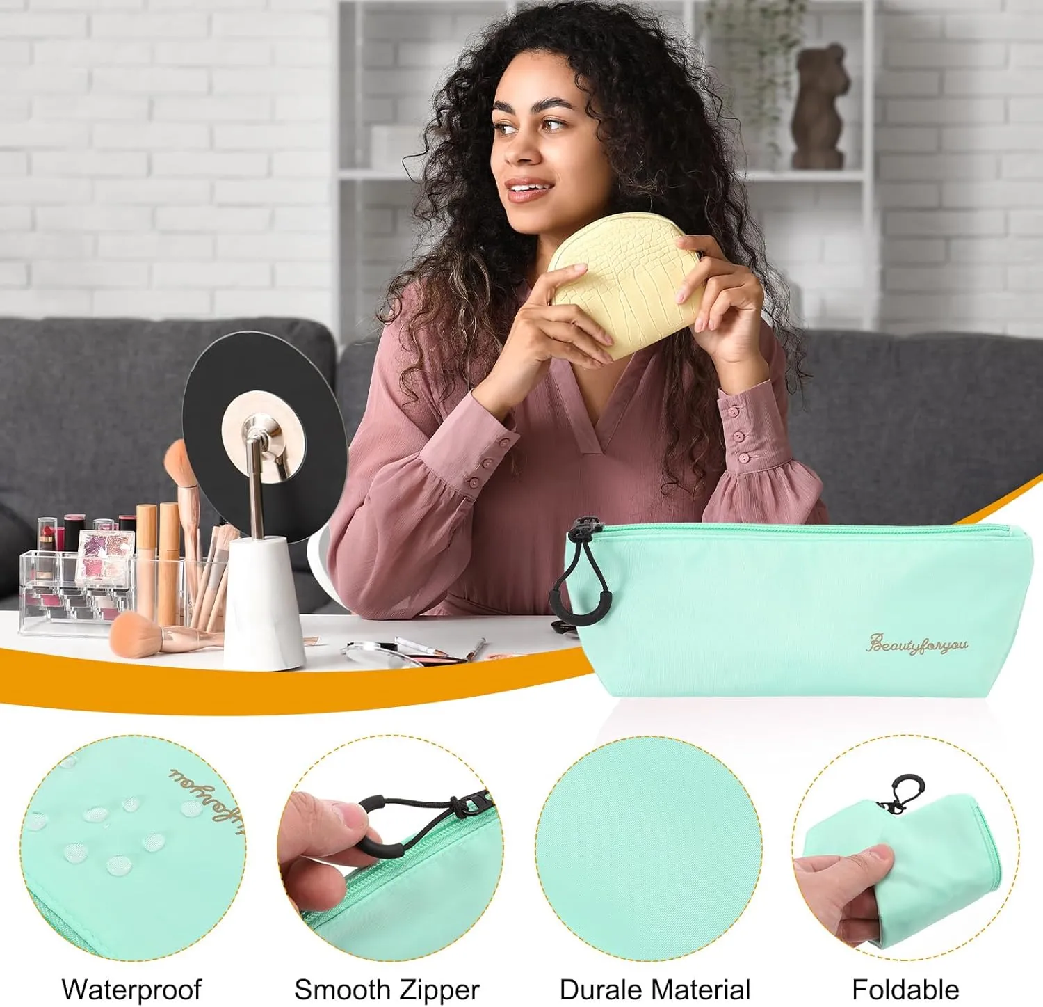 uxcell Makeup Brush Holder Bags, Small Travel Make Up Brush Cosmetics Pouch Pencil Organizer Bag for Home Office Travel Organization, Light Blue