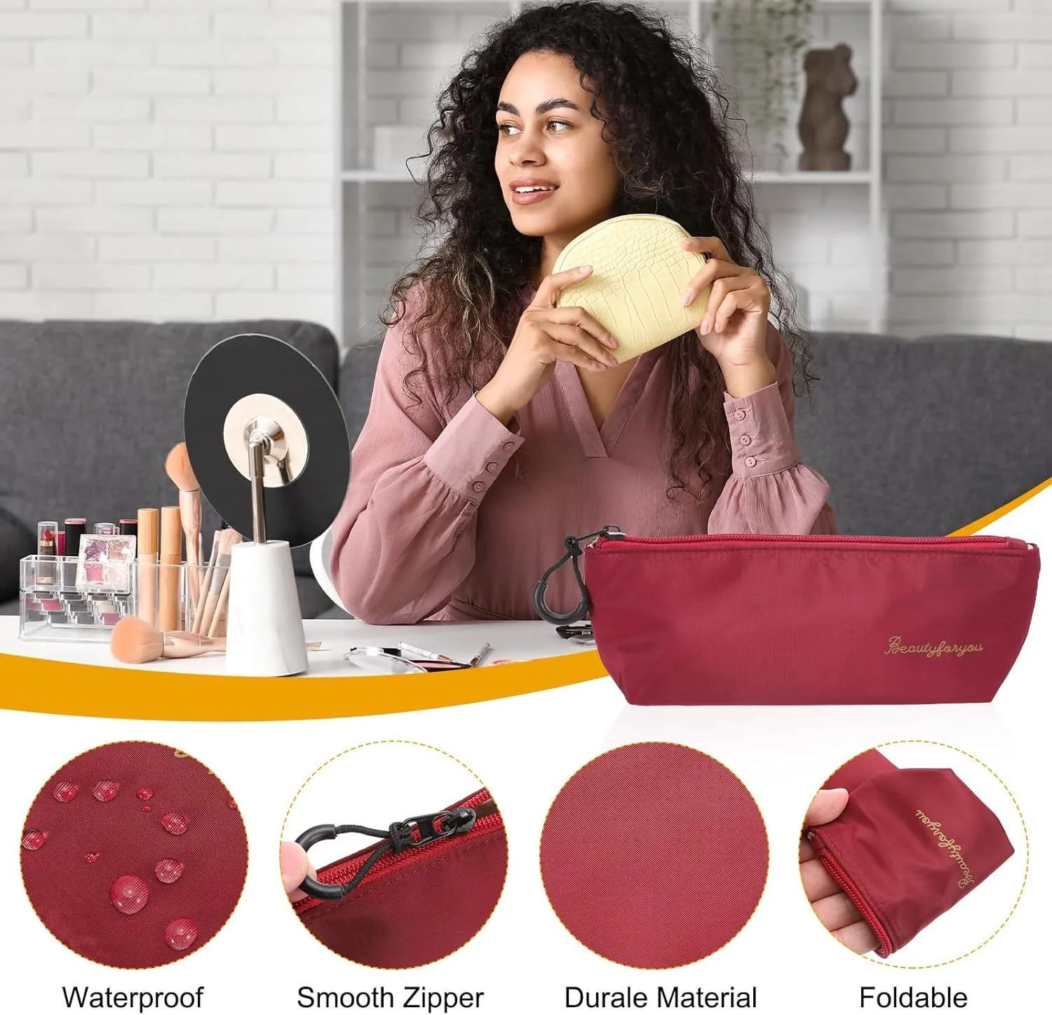 uxcell Makeup Brush Holder Bags, Small Travel Make Up Brush Cosmetics Pouch Pencil Organizer Bag for Home Office Travel Organization, Wine Red