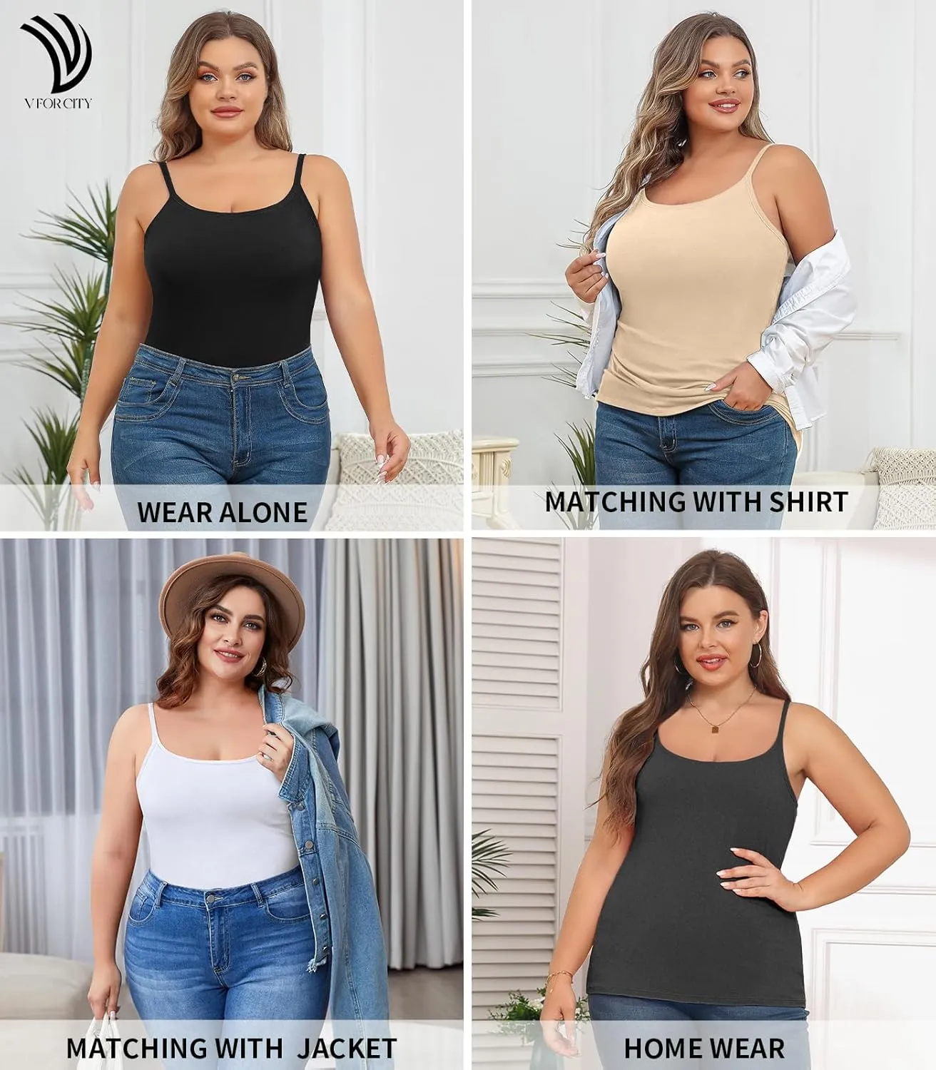 V FOR CITY Plus Size Camisole for Women with Shelf Bra Adjustable Spaghetti Strap Cami Tank Top Cotton Undershirts 1X-5X