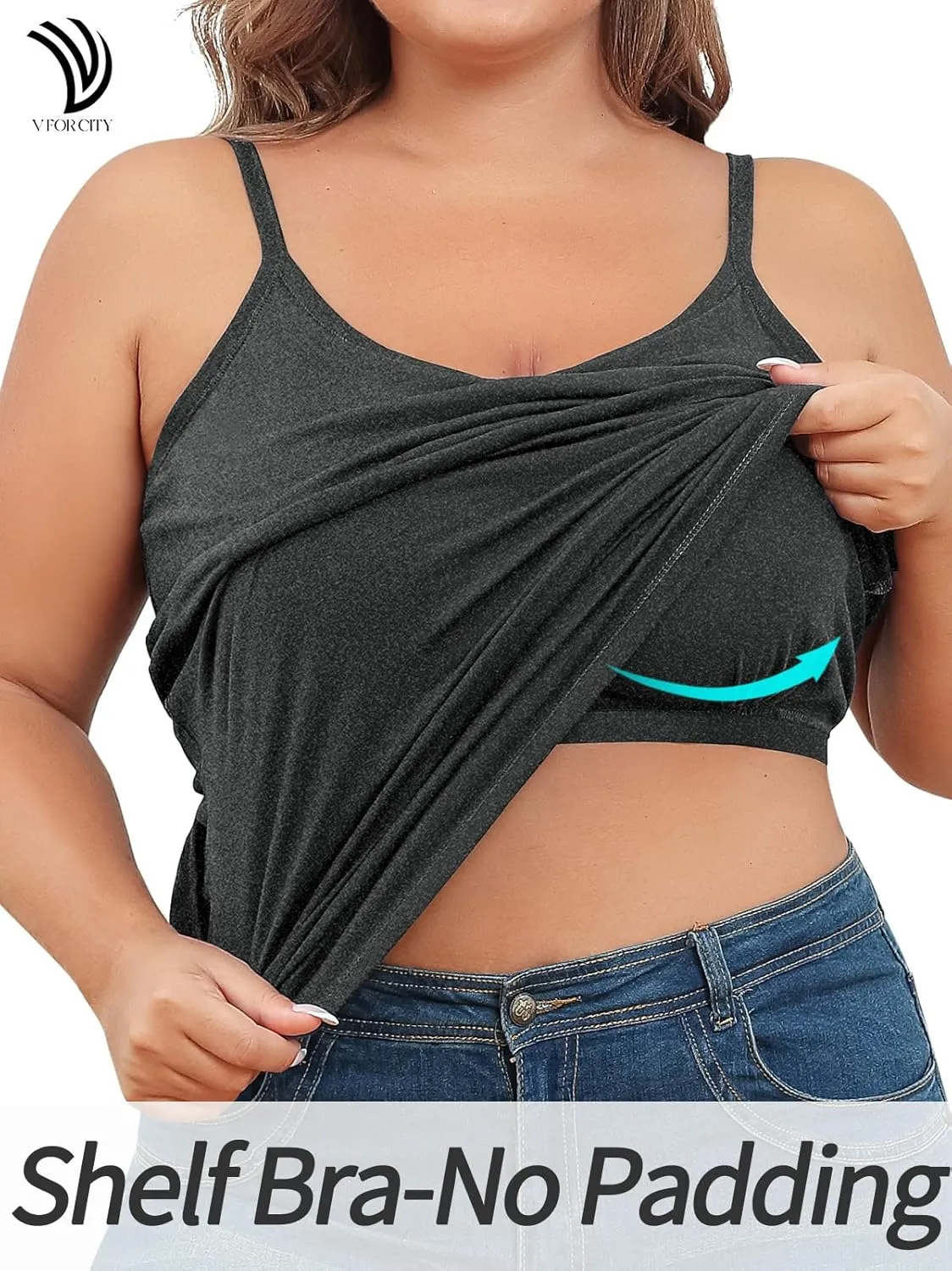 V FOR CITY Plus Size Camisole for Women with Shelf Bra Adjustable Spaghetti Strap Cami Tank Top Cotton Undershirts 1X-5X