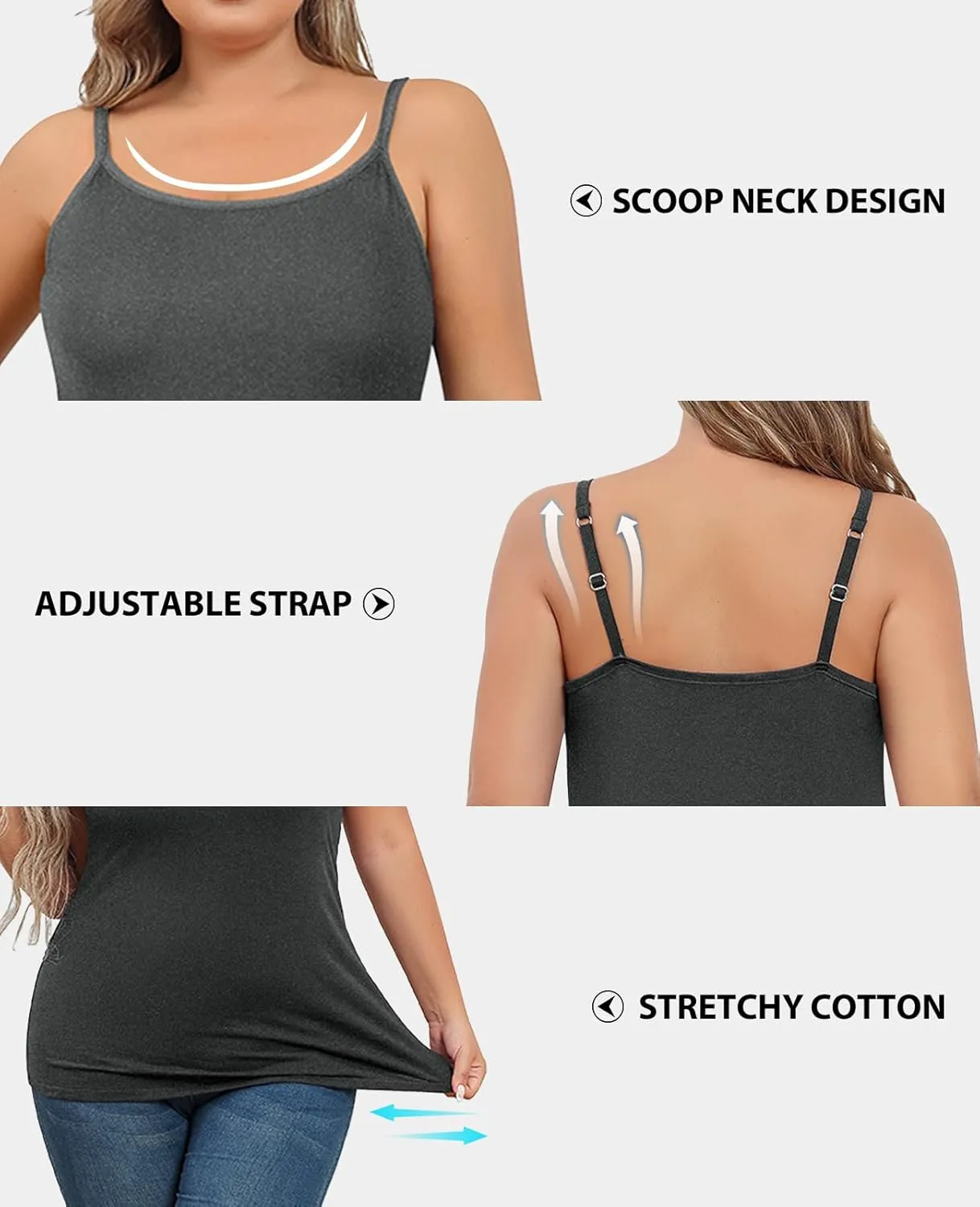 V FOR CITY Plus Size Camisole for Women with Shelf Bra Adjustable Spaghetti Strap Cami Tank Top Cotton Undershirts 1X-5X