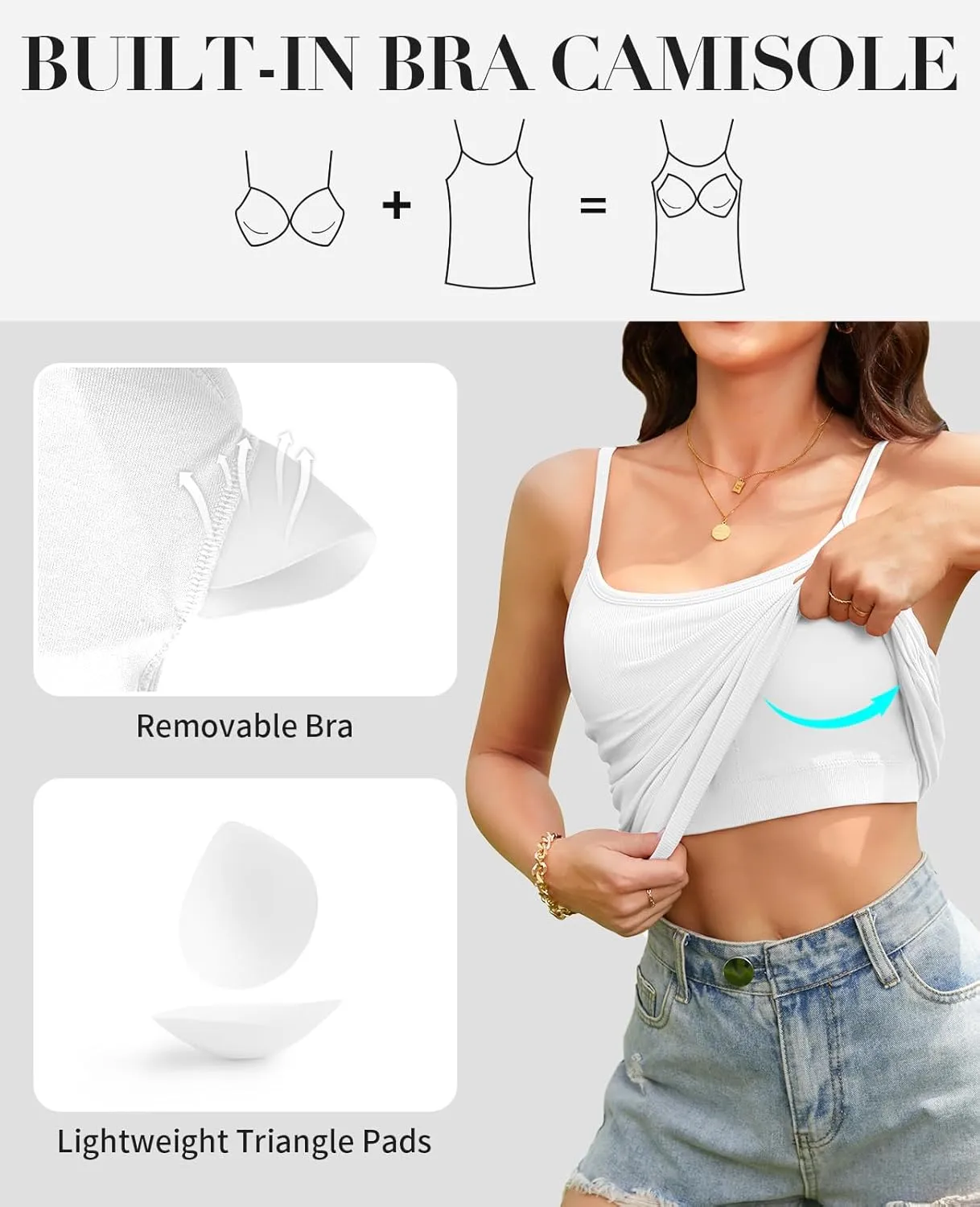 V FOR CITY Ribbed Camisole Tops for Women with Built-in Bra Adjustable Straps Cami Scoop Neck Side Ruched Layering Tanks