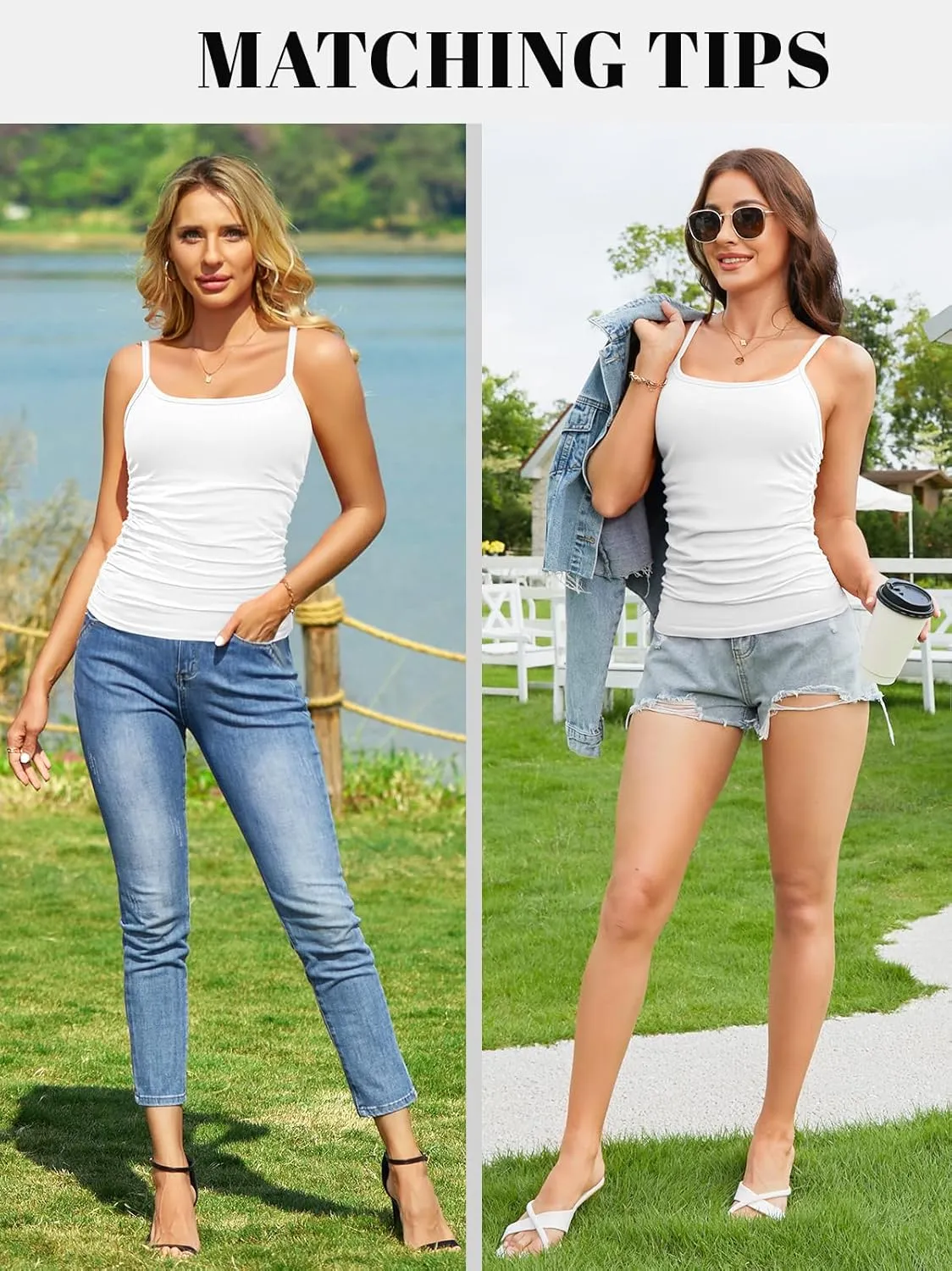 V FOR CITY Ribbed Camisole Tops for Women with Built-in Bra Adjustable Straps Cami Scoop Neck Side Ruched Layering Tanks