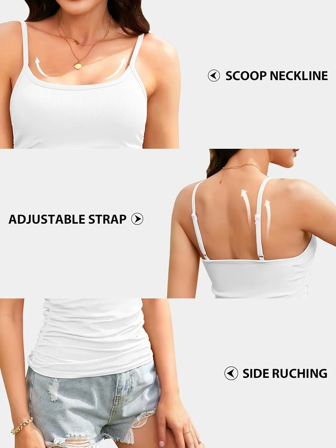 V FOR CITY Ribbed Camisole Tops for Women with Built-in Bra Adjustable Straps Cami Scoop Neck Side Ruched Layering Tanks