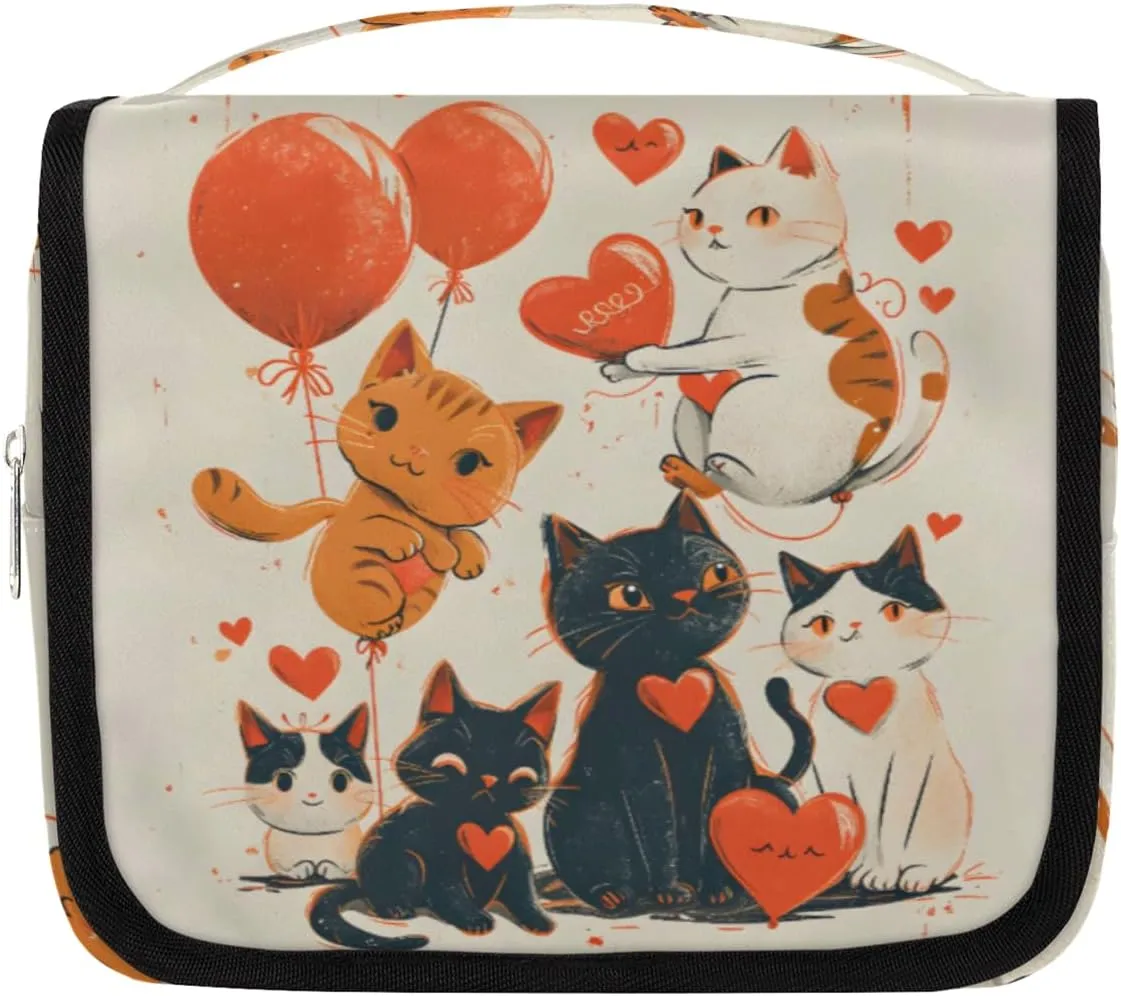 Valentine's Day Cat Hanging Travel Toiletry Bag Kit Makeup Case Cosmetics Organizer Cat Toiletry Bag for Women Make up Accessories Shampoo Body Cream Brushes Set