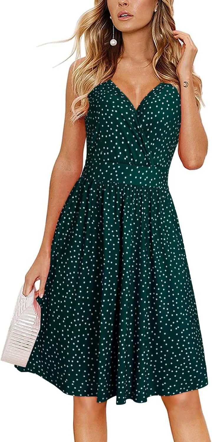 VOTEPRETTY Women's V Neck Floral Spaghetti Strap Sundress Casual Summer Party Swing Dress with Pocket