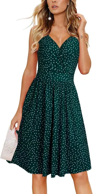 VOTEPRETTY Women's V Neck Floral Spaghetti Strap Sundress Casual Summer Party Swing Dress with Pocket
