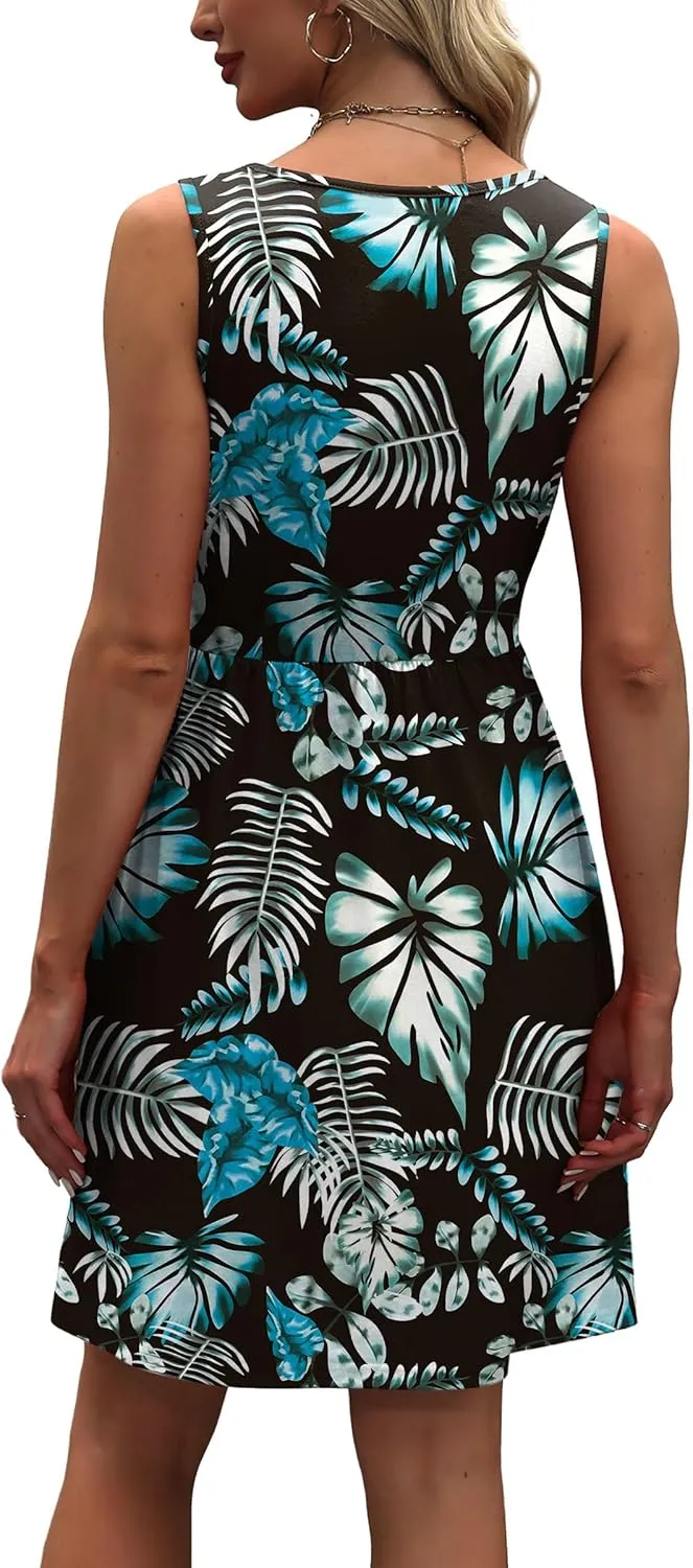 WIHOLL Women's Summer Dress 2025 A-Line Sleeveless Casual Sundress with Pockets Floral/Solid