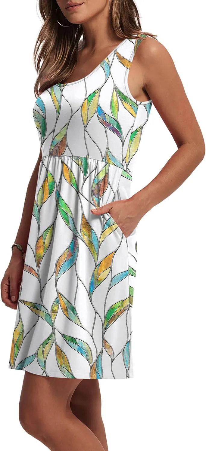 WIHOLL Women's Summer Dress 2025 A-Line Sleeveless Casual Sundress with Pockets Floral/Solid