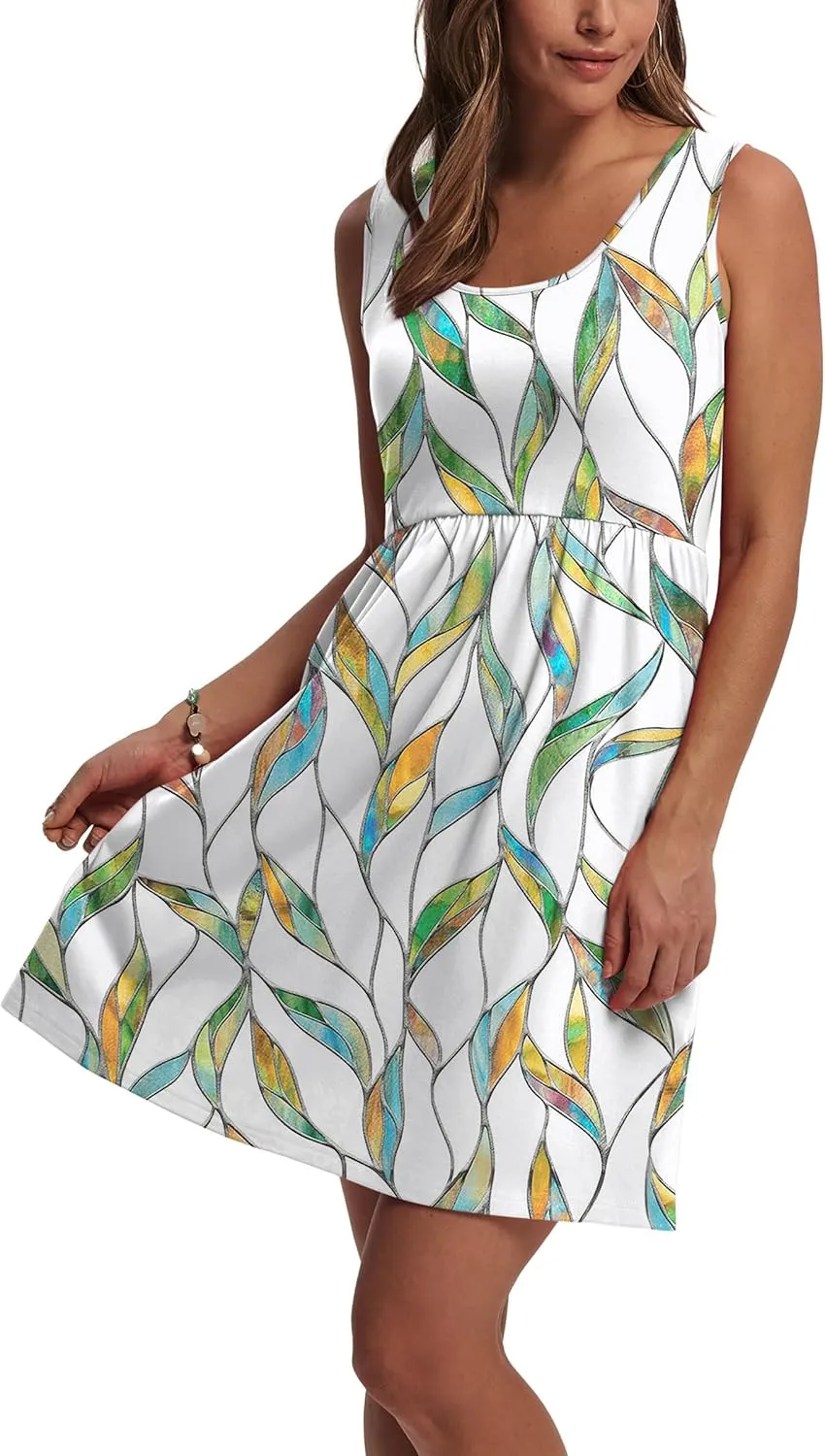 WIHOLL Women's Summer Dress 2025 A-Line Sleeveless Casual Sundress with Pockets Floral/Solid