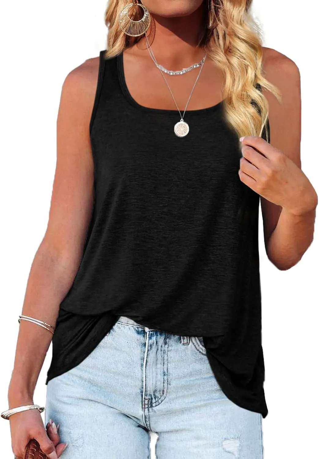 WIHOLL Womens Tank Tops U Neck Dolphin Hem Casual Flowy Summer Sleeveless Tunic Tshirts