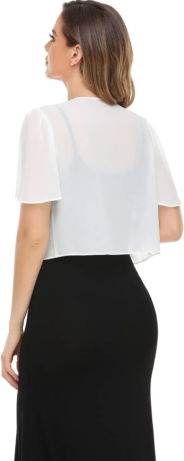 Women Bolero Shrug Soft Chiffon Open Front Sheer Short Sleeve Cropped Cardigans for Evening Dress