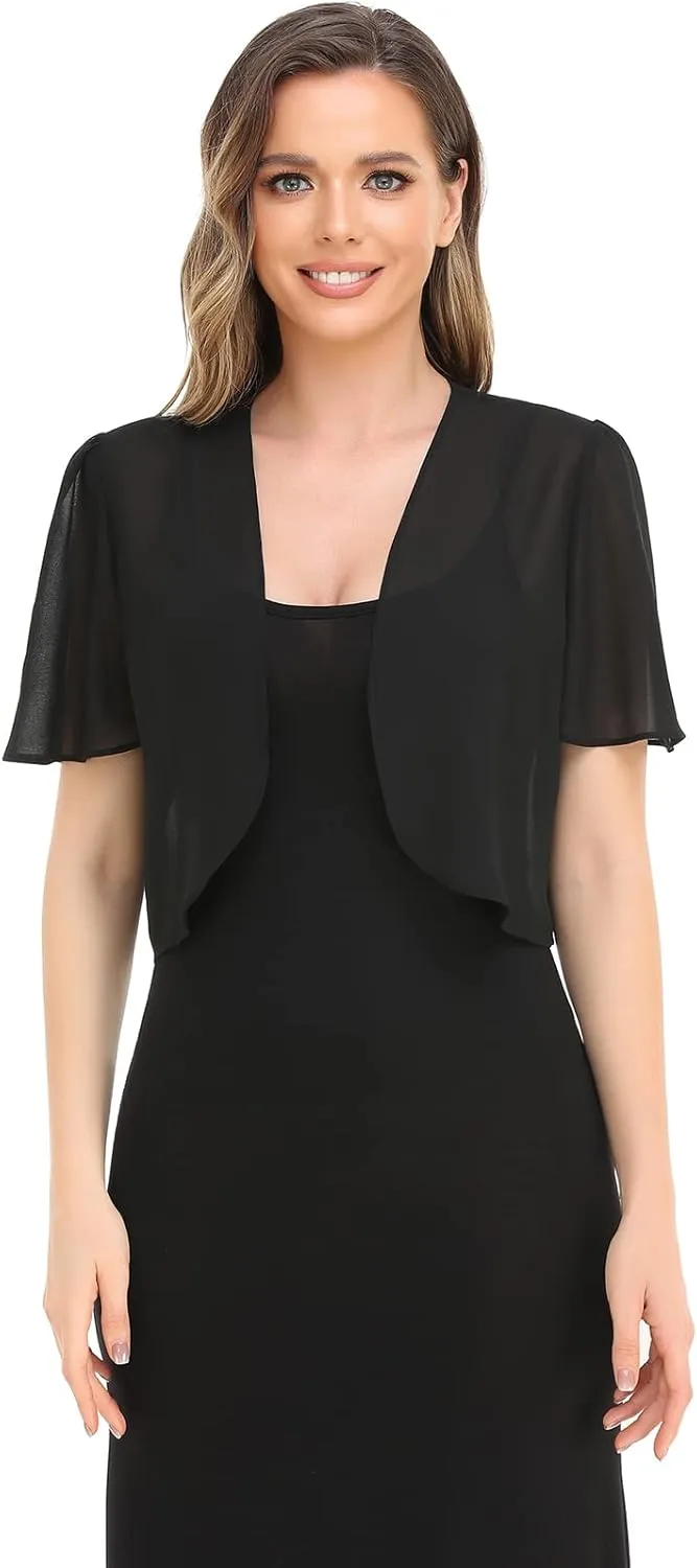 Women Bolero Shrug Soft Chiffon Open Front Sheer Short Sleeve Cropped Cardigans for Evening Dress
