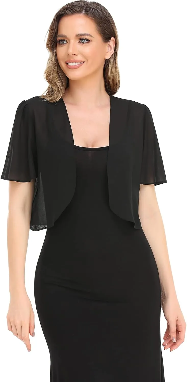 Women Bolero Shrug Soft Chiffon Open Front Sheer Short Sleeve Cropped Cardigans for Evening Dress